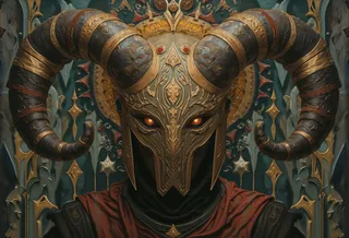 A fantasy figure wearing an ornate horned helmet with intricate golden designs and glowing fiery eyes, set against a detailed medieval-style backdrop.