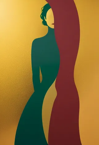 Abstract post-modern pop art featuring a curvy woman with split-tone colors in maroon, gold, and green, textured with dot-matrix background.