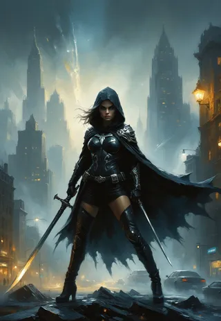 A hooded superheroine stands confidently in a dark urban setting wearing sleek gothic armor with a tattered cape, wielding a glowing sword amidst a city skyline.