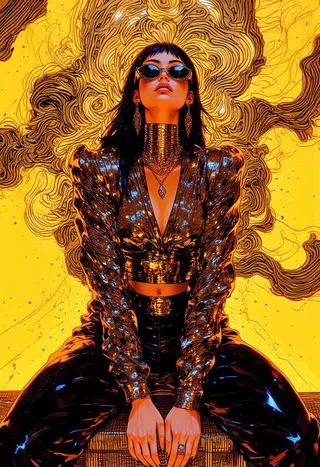 A stylish woman crouching against a bright yellow background with swirling black optical illusion patterns, wearing a shiny gold sequined top, glossy black pants, and metallic cat-eye sunglasses.
