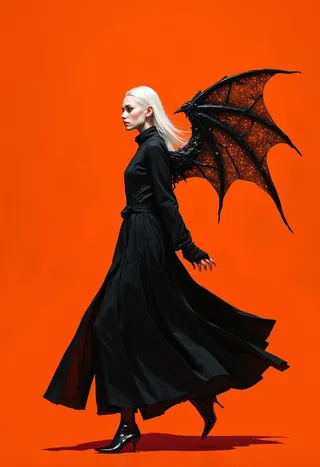 A hyper-realistic digital artwork featuring a tall, slender woman with platinum blonde hair wearing a flowing black robe and metallic bat-like wings, set against a vivid orange background.