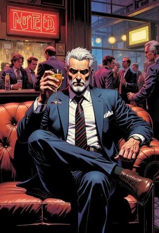 Mature white-haired businessman with a beard in a blue suit, sitting with one leg crossed on a leather couch in a busy club, holding a cocktail glass.