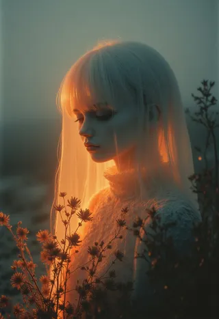 A melancholic ethereal woman with pale hair illuminated by warm, soft light, surrounded by wildflowers in a surreal, dreamlike setting.