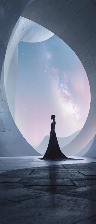 A slender figure in a long dark flowing dress stands silhouetted on a curved futuristic concrete platform beneath a starry sky with the Milky Way visible.