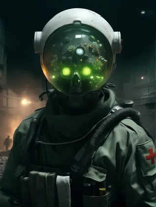 A futuristic cyberpunk medic wearing a helmet with a skull design inside and glowing green eyes, dressed in a dark green military uniform with a red cross armband, standing in a dimly lit urban environment.