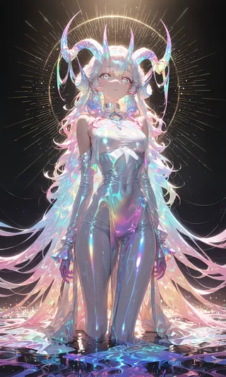 A female character with multicolored eyes and complex holographic horns, dressed in a shiny form-fitting outfit with gradient colors, illuminated by volumetric lighting against a dark background.