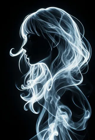 Silhouette of a female air elemental made of translucent smoke with long flowing hair, set against a dark background in a closeup portrait style.