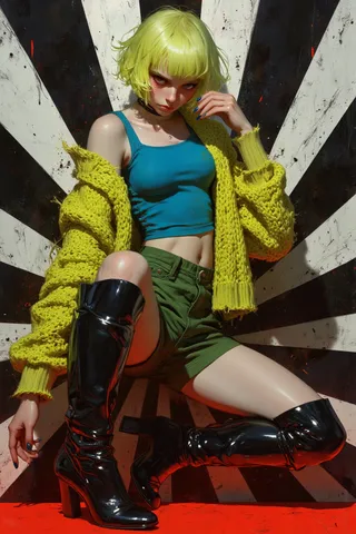 A striking androgynous figure with short neon green hair wears a bright blue tank top, chunky yellow knit cardigan, green shorts, and glossy black knee-high boots, posed dynamically against a black-and-white optical illusion background with a red undertone.