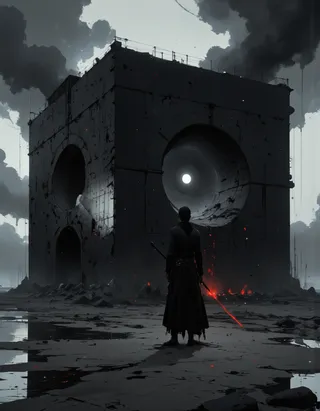 A man stands in front of a massive dark cube with a large circular hollow, holding a glowing red staff, under a stormy sky in a desolate landscape.