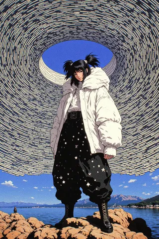 A young woman with black pigtails wearing a large white puffy jacket and black star-patterned pants stands confidently on a rocky shoreline beneath a sky framed by a circular optical illusion pattern.