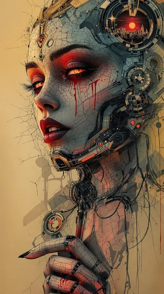 Close-up portrait of a robotic woman with cracked mechanical skin, glowing red eyes, blood streaks on her face, and intricate cybernetic designs.