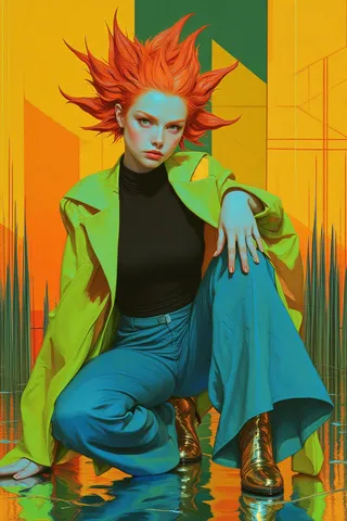 A hyper-realistic portrait of a woman with vibrant orange, spiked hair in an avant-garde chartreuse coat, cobalt blue trousers, and metallic gold boots crouching on a chrome-spiked reflective floor with a vivid yellow-orange geometric background.