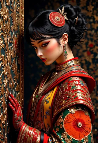 Portrait of a woman dressed in richly embroidered gold and red traditional attire with intricate patterns, wearing ornate earrings and a styled updo, standing beside a gold embossed wall panel.
