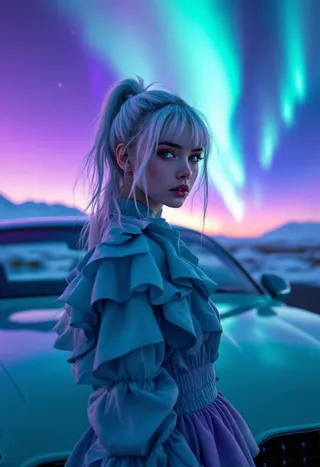 Close-up of a white-haired girl with a ponytail wearing a blue-purple gradient dress standing next to a teal car under the purple aurora in the Icelandic sky during sunset.
