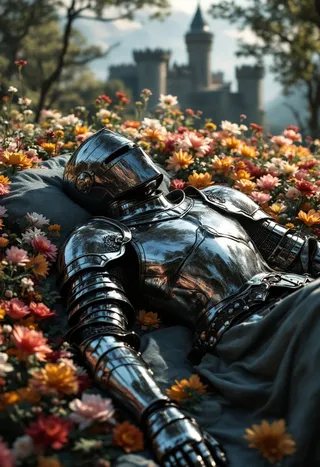 A knight in highly reflective armor sleeps peacefully on a colorful bed of flowers with a castle visible in the blurred background, illuminated by beautiful natural lighting.