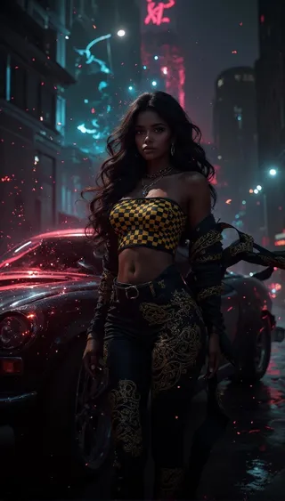A confident woman with medium brown skin wearing a glowing yellow and black checkerboard tube top stands in front of a sleek black car at night in a neon-lit cityscape.