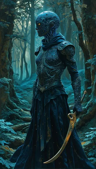 Armored warrior with intricate black and glowing armor stands in a bioluminescent enchanted forest holding a curved sword, illustrated in Jean Delville style.