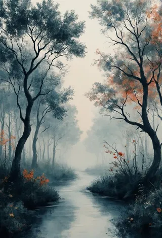 A photorealistic CGI misty forest landscape featuring twisted trees forming natural arches, a calm meandering stream, and soft overcast lighting with subtle neon highlights.