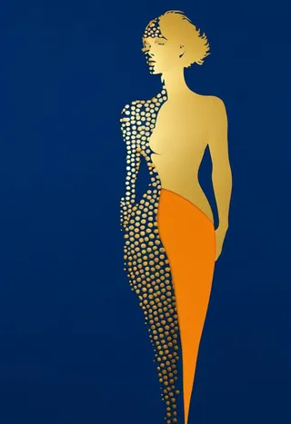 Abstract pop art image of a curvy woman in gold and tangerine split-tone colors on a dark blue background with a dot-matrix texture