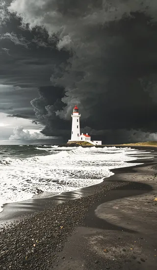 White Gardur lighthouse with red roof stands on a rocky coast with black sand beach and ocean waves under a dark stormy sky filled with dramatic clouds.