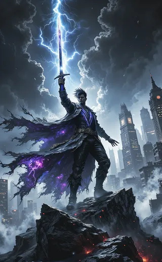 A man in futuristic attire with neon blue and purple accents stands on a rocky mountaintop during a storm, raising a sword struck by lightning, with a cyberpunk city skyline in the background.