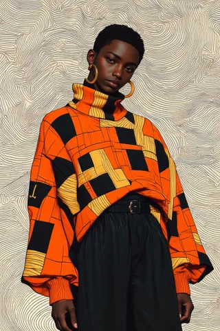 A fashion model wearing a vibrant orange and yellow geometric patterned turtleneck with voluminous sleeves paired with black high-waisted pants, standing against an intricate black and white optical illusion background.