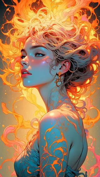 Surreal digital painting of a woman with flowing, fiery hair and pale blue skin, inspired by Alphonse Mucha's Art Nouveau style with warm orange and yellow background.