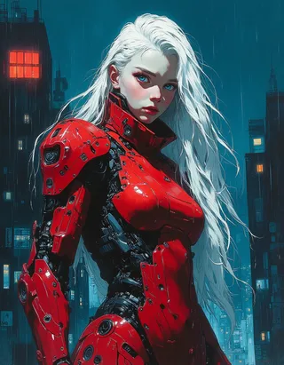 Cyborg albino teenage girl with long white hair wearing glossy red full body armor, standing against a rainy cyberpunk cityscape at night with dramatic Rembrandt-style lighting.