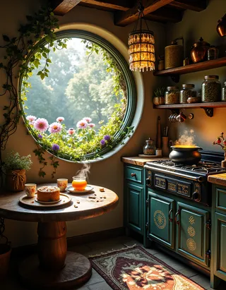 A cozy cottagecore kitchen with a round wooden table and a steaming tea cup by a large circular window framed by green vines, overlooking a garden with blooming flowers. A vintage stove with copper pots and jars of herbs on shelves adds rustic charm to the space.