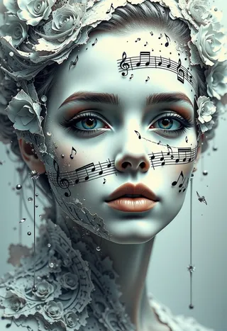 Ethereal fantasy digital artwork of a woman's face decorated with musical notes and floral elements in white and grey tones.