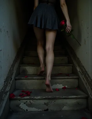 A barefoot woman wearing a short black and white striped skirt and a black top ascends old, worn stone steps holding a red rose, with scattered rose petals on the stairs.