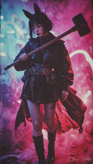 A Japanese girl with black bob haircut and fox ears stands confidently holding a large hammer. She wears heels, stockings, and a detailed black outfit with a wide belt, against a vivid magenta-teal background with psychedelic and surreal lighting effects.