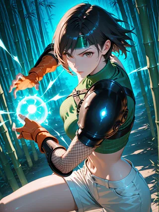 Dynamic female warrior with short black hair, green turtleneck, and armored shoulder channeling a glowing blue energy ball in a night bamboo forest with cinematic lighting.