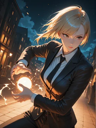 A blonde woman with short hair in a black suit and white shirt forms an energy ball with her hands in a night city street, illuminated by streetlights.
