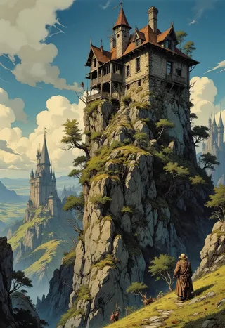 A medieval stone castle perched atop a rocky cliff with multiple towers under a bright blue sky. An adventurer in a brown cloak stands at the cliff base, surrounded by lush greenery and a distant castle visible in the background.