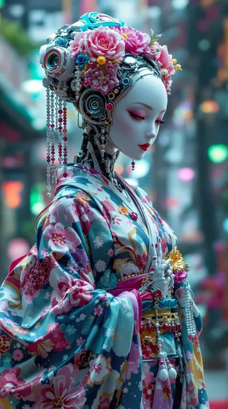 A cyberpunk humanoid robot geisha wearing a colorful floral kimono with intricate mechanical details and a flower-adorned robotic headpiece.