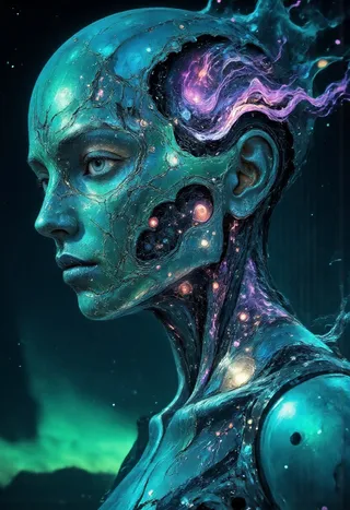 Close-up portrait of an aurora borealis cyborg featuring shimmering panels and glowing cosmic pathways, with an ethereal and serene cosmic background.