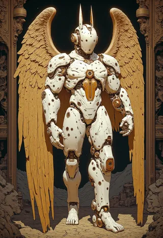 A full-body mechanical angel with white armor and gold wings, detailed in art nouveau style with ambient lighting and cyberpunk influences.