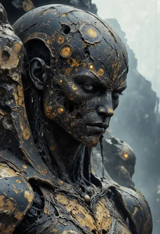 Close-up portrait of a stone cyborg with dark cracked rock and glowing mechanical implants, set against a misty mountain background.