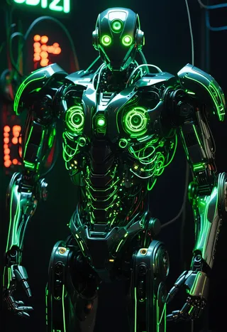 A futuristic robot with glowing green LED eyes and neon cables on a metallic body, set against a black and green Matrix-inspired background.