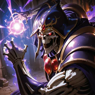 A detailed, realistic skeleton warrior wearing ornate purple and gold armor and a hood, shouting while conjuring a glowing energy ball surrounded by purple aura in a dim dungeon-like king's room.