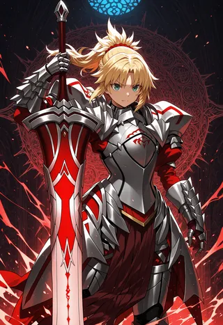 Blonde-haired female warrior Mordred from Fate/Apocrypha in full silver and red armor holding a huge red and silver sword, standing in a dynamic pose with an intricate dark red background.