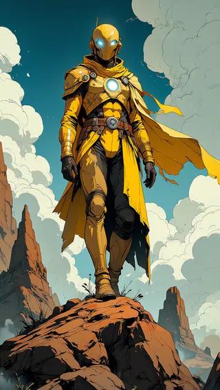 A golden-armored figure stands on a rocky hilltop with glowing blue visor, windblown golden robes, set against a bright blue sky with fluffy clouds.