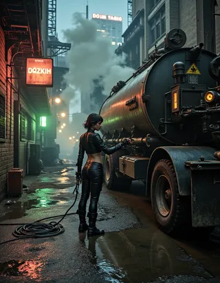 A woman in tight black leather clothes fuels a large industrial diesel truck in a gritty, smog-filled urban alleyway illuminated by neon signs and overhead lamps at night.