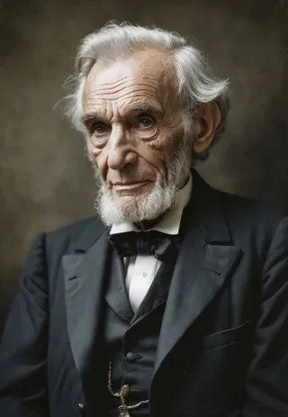 Highly detailed portrait of an elderly man with realistic wrinkles and white hair wearing a vintage 19th-century black tuxedo and bow tie, featuring film grain and cinematic HDR photography style.