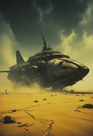 A colossal, battered spaceship stranded in a cracked yellow desert under a dark cloudy sky, with cinematic lighting and a grainy retro sci-fi look.