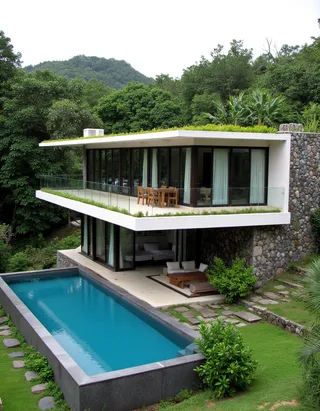 Sleek modern villa with glass facade and infinity pool nestled in lush rainforest greenery