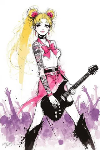 Ink wash brush style illustration of punk Sailor Moon with tattoos and piercings playing a black guitar, wearing a pink outfit with a large bow, in front of a purple crowd silhouette on a white background.
