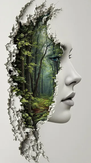 Profile of a woman's face with a carved portal revealing a mystical forest with dense trees, green foliage, and a winding path inside.
