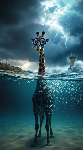 Photorealistic split-frame image of a giraffe wearing a diving mask submerged underwater with calm lakebed and bubbles visible, while above water a storm rages with lightning and a lighthouse in the distance.